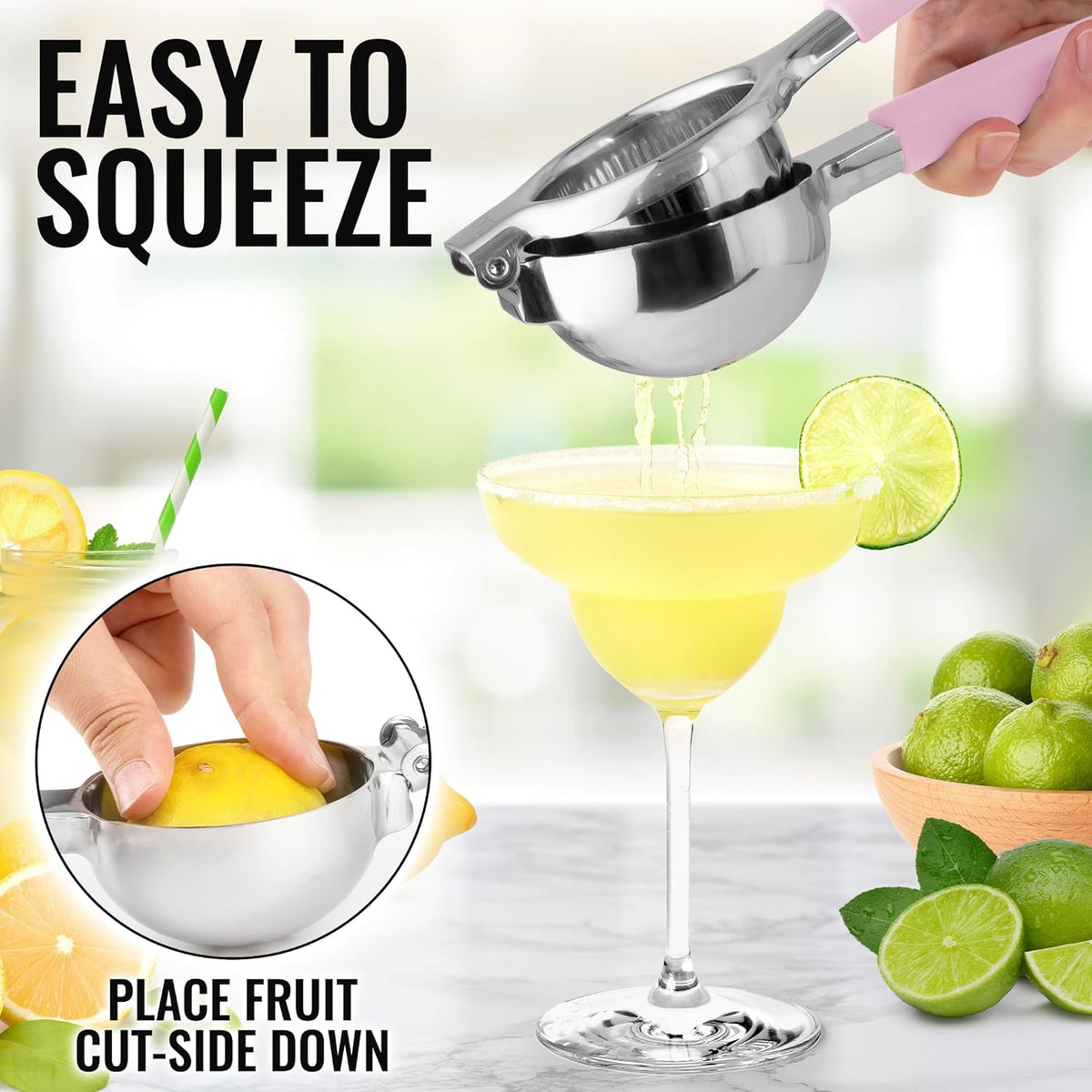 Zulay Lemon Squeezer Stainless Steel with Premium Heavy Duty Solid Metal Squeezer Bowl and Food Grade Silicone Handles - Large Manual Citrus Press Juicer and Lime Squeezer Stainless Steel (Pink)