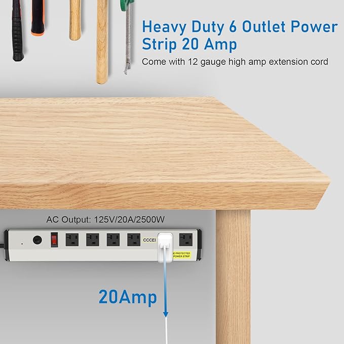 CCCEI Heavy Duty Power Strip Surge Protector 20 Amp, High Amp Industrial Shop Garage Metal Multiple Outlets, 6 FT 12 Gauge 5-15P Extension Cord 6 Outlet 6-20R T-Slot 20a for Appliance.