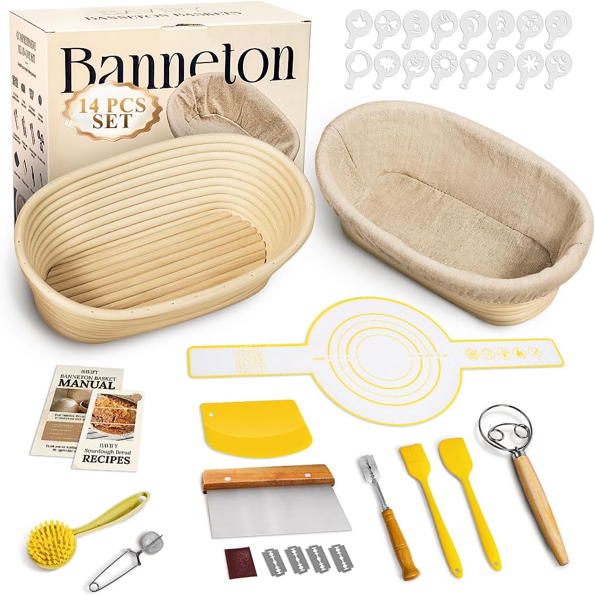 10 Inch Oval Banneton Bread Proofing Basket Sourdough Starter Kit, Sourdough Bread Baking Supplies with Bread Lame, Sling, Spatula, Scraper, Dough Whisk