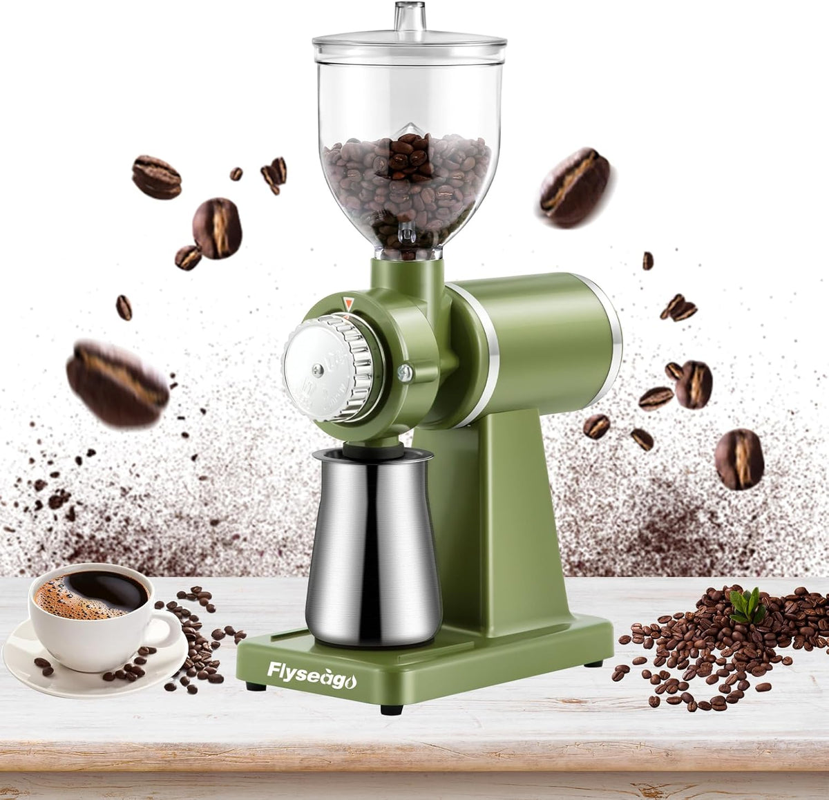 Electric Coffee Grinder Burr Espresso Coffee Bean Grinder Small Automatic Stainless Steel Coffee Mill With Brush, Pea Green