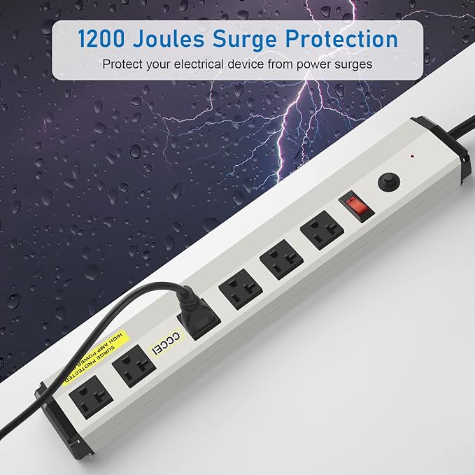 CCCEI Heavy Duty Power Strip Surge Protector 20 Amp, High Amp Industrial Shop Garage Metal Multiple Outlets, 6 FT 12 Gauge 5-15P Extension Cord 6 Outlet 6-20R T-Slot 20a for Appliance.