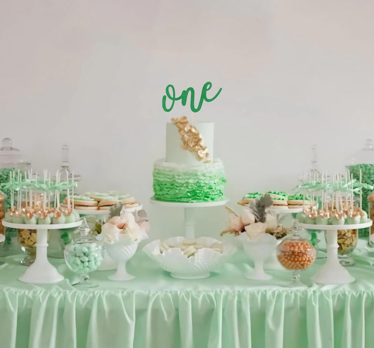 First Birthday Cake Topper - Green Glitter One Cake Decorating Supplies for Girls and Boys, Perfect for Baby Shower/Gender Revealing Party/Baby Party Photo Booth Props