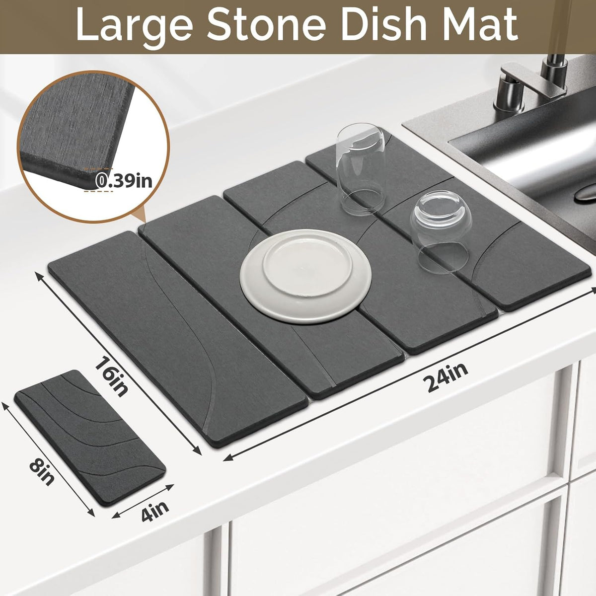 2 PCS Large Stone Dish Drying Mat for Kitchen Counter Quick Dry Stone Dishes Mats Marbled Water Absorbing Diatomaceous Earth Drying Pad for Countertop Bottles Utensils Cups (Carved Gray 24"x16"&8"x4")