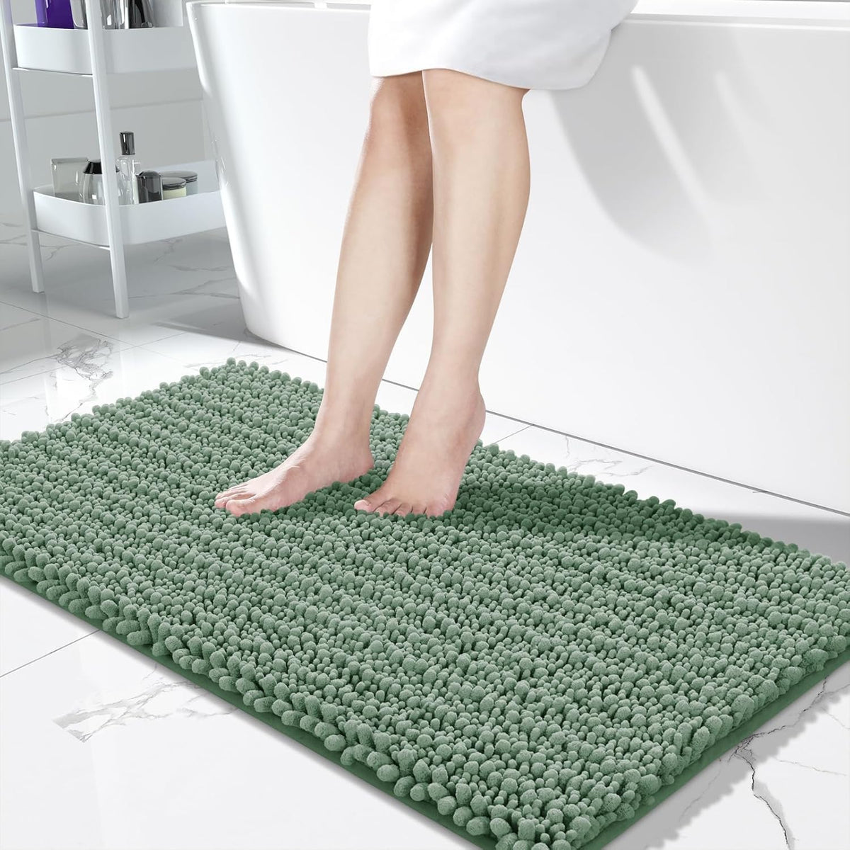 Yimobra Bathroom Runner Rug 55x24 Inch - Extra Long Non Slip Chenille Bath Mat, Soft & Absorbent, Machine Washable Shaggy Hallway Carpet for Vanity Tub Shower, Green Home Decor Accessories