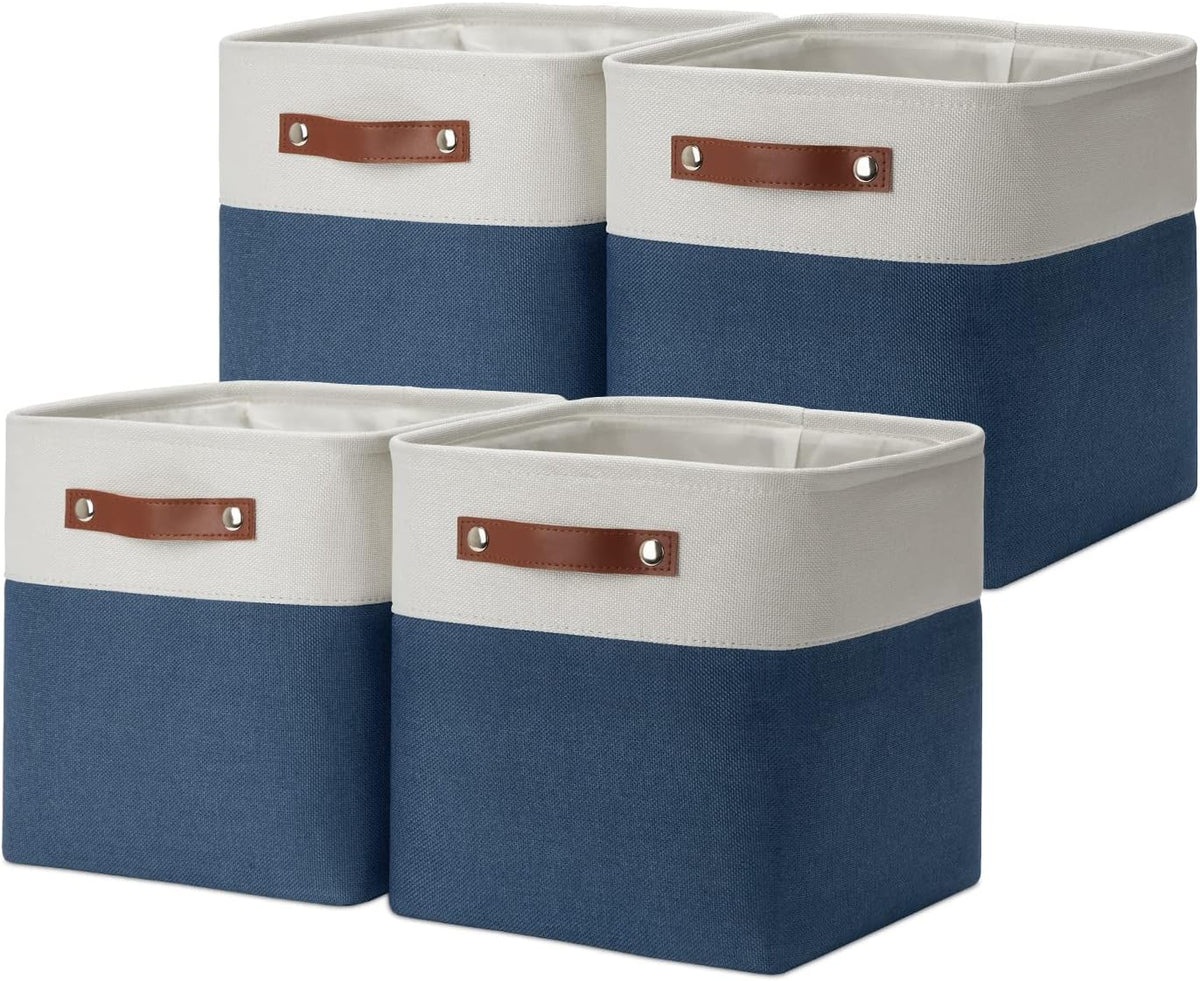 DULLEMELO [Set of 4 Storage Cubes Baskets for Organizing, 11 x 11 x 11 inch Cube Storage Organizer Bins with Leather Handles, Foldable Fabric Cloth Bins for Cube Storage(4 Pack - 11" White&Blue)