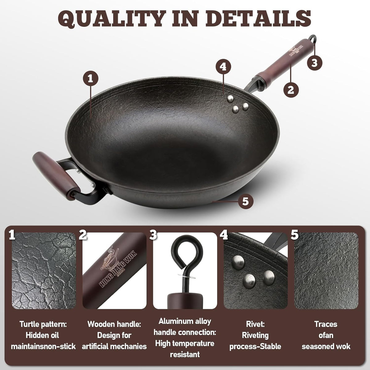 HONGJIANG Cast Iron Wok Pan, 13.4" Pre-Seasoned Flat Bottom Wok,Coating-Free Wok Stir Fry Pan With Glass Lid,Compatible Traditional Chinese Wok For Induction, Electric, Gas,Open Fire