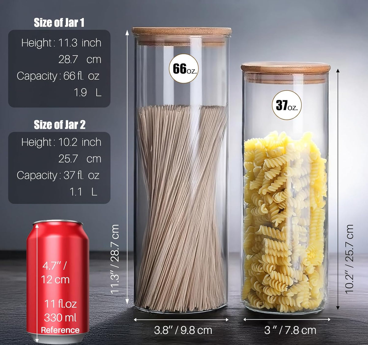 66 oz Glass Food Storage Jars with Airtight Lids, Tall Clear Glass Jar with Bamboo Lid, Airtight Food Canister for Pasta, Candy, Coffee, Sugar, Cookie, Snack. (Round | 10+11 Inch)