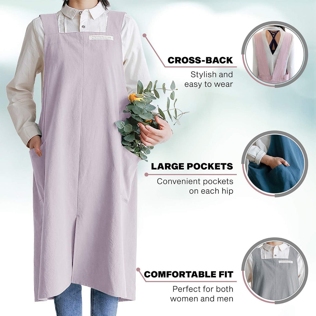 HANEE Cotton Aprons for Women and Men | Cross-Back Apron with Pockets