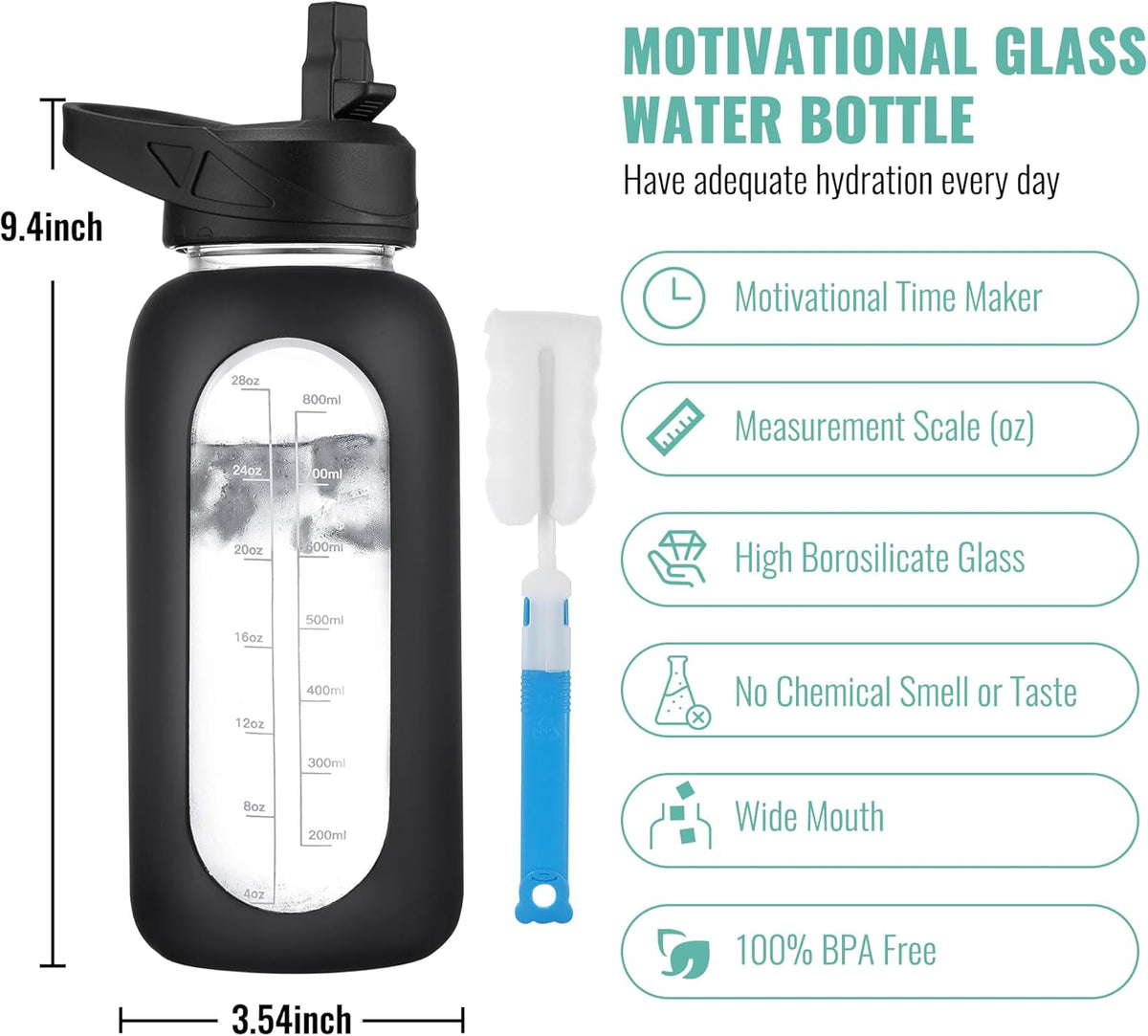 CIVAGO 40 oz Glass Water Bottle with Straw and Handle, Large Sports Motivational Water Bottle Flask with Time Marker and 2 Lids, Leakproof Water Jug Canteen with Silicone Sleeve for Gym,Navy