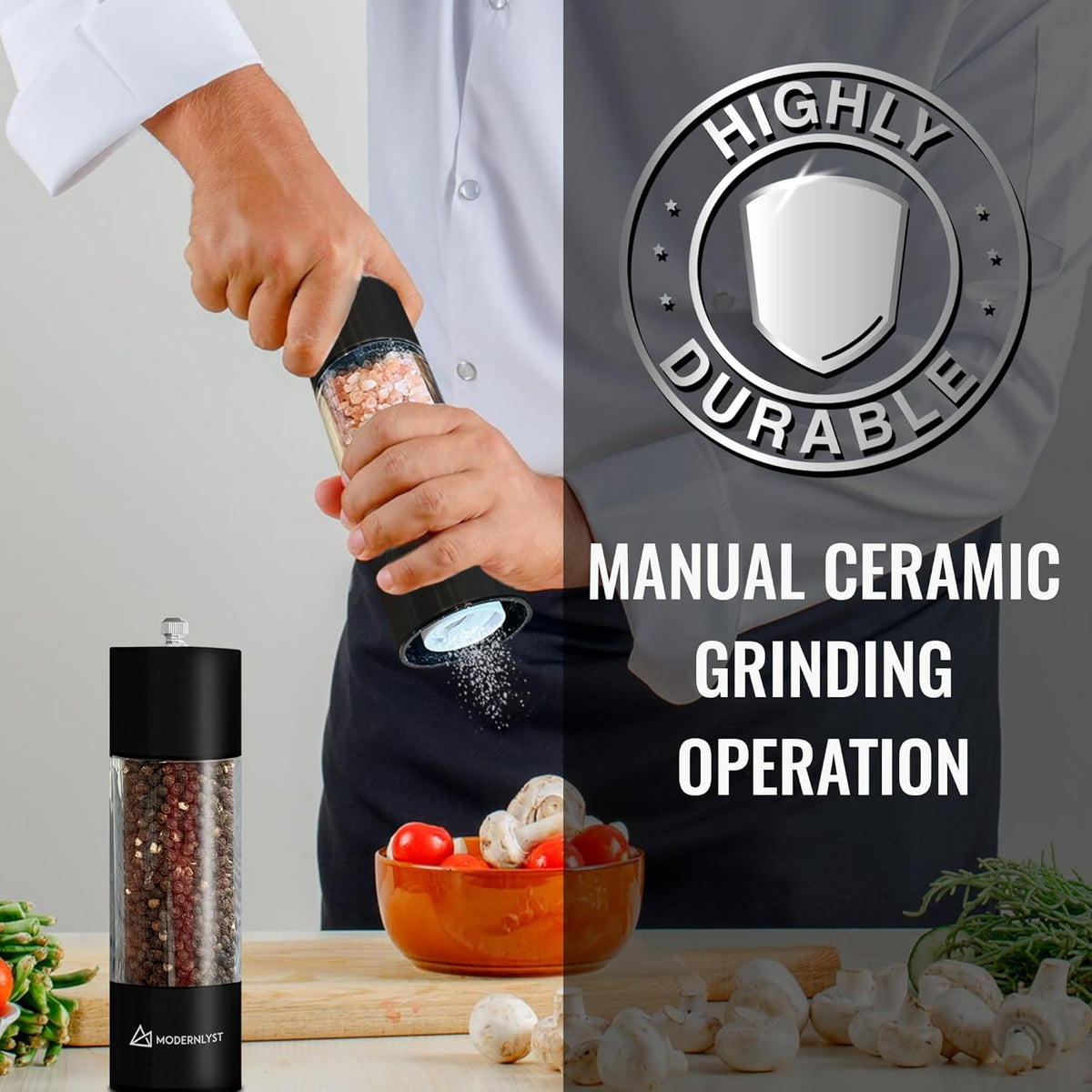 Manual Salt and Pepper Grinder Set of 2 | Large Round Salt and Pepper Shakers Set | 7.5 inch Stainless Steel Salt Grinder Refillable | Pepper Grinder Manual (Black)