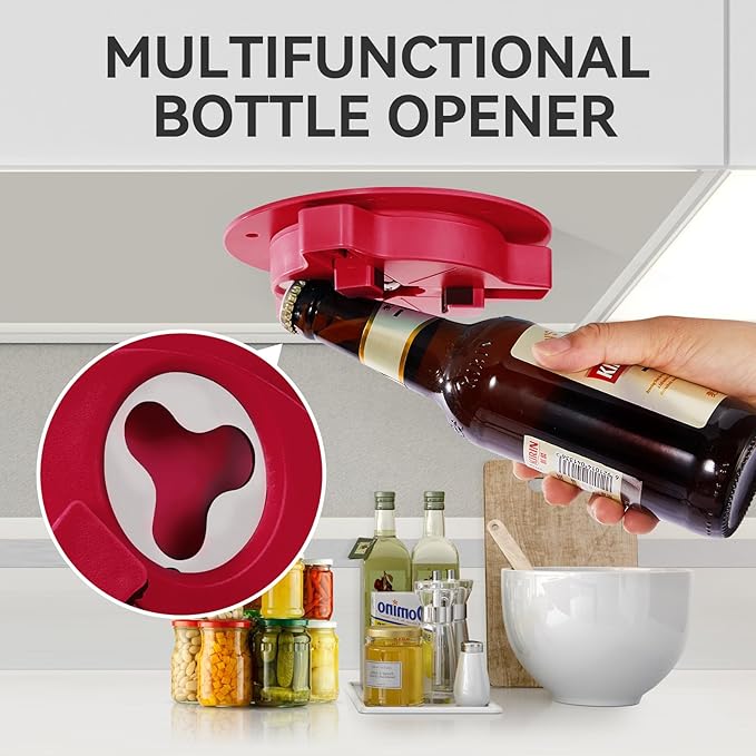 Jar Opener Bottle Opener for Seniors with Arthritis - Under Cabinet Jar Opener for Weak Hands, Rotary Lid Opener, Easy Twist-Off Lids for Jars & Bottles, Original Kitchen Gadgets (Red)