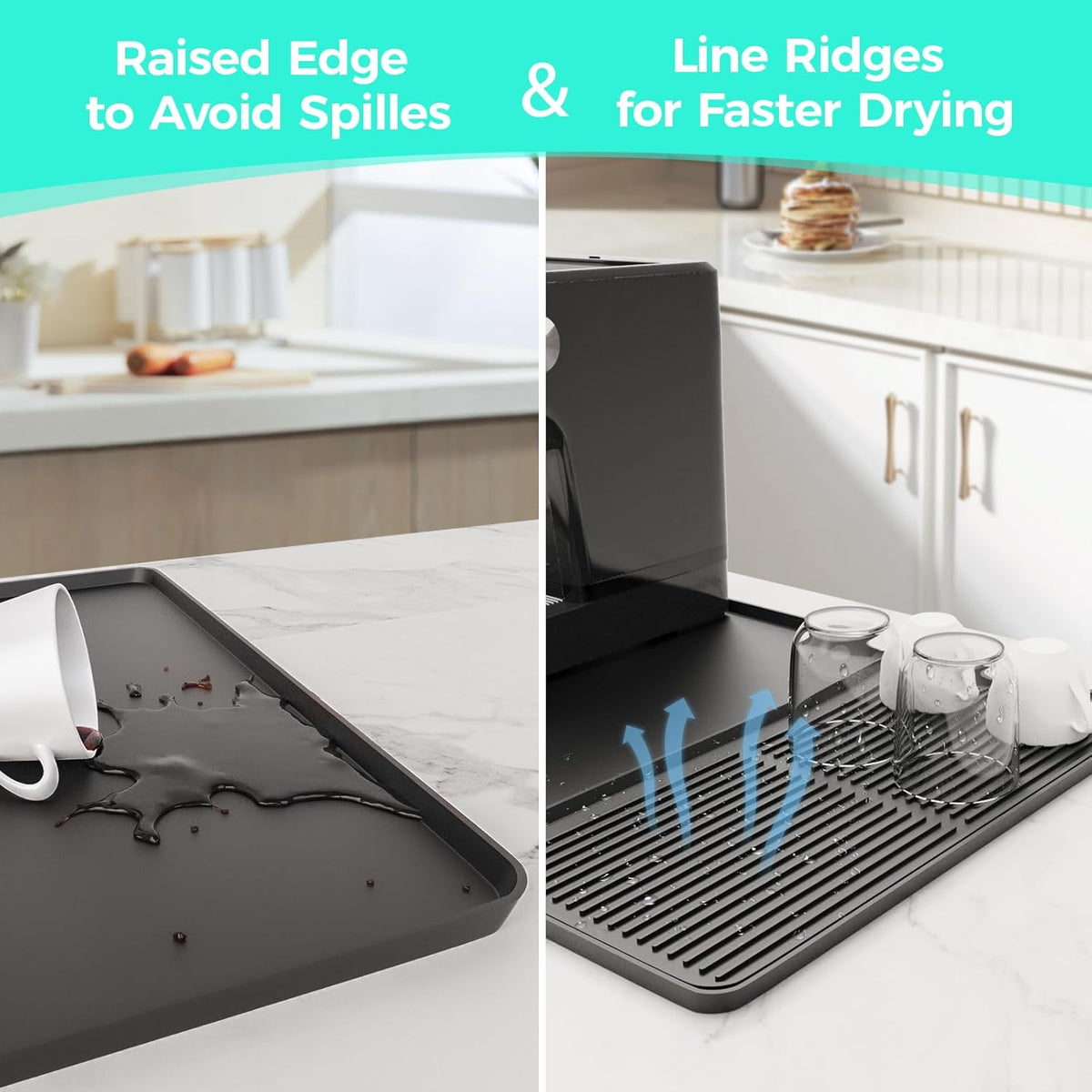 2-in-1 Coffee Mat & Dish Drying Mat Coffee Bar Mats for Countertop Coffees Matt for Counter Silicone Coffees Espresso Machine Station Mats Under coffee Maker Spill Mat Countertops Pot 24×16inch