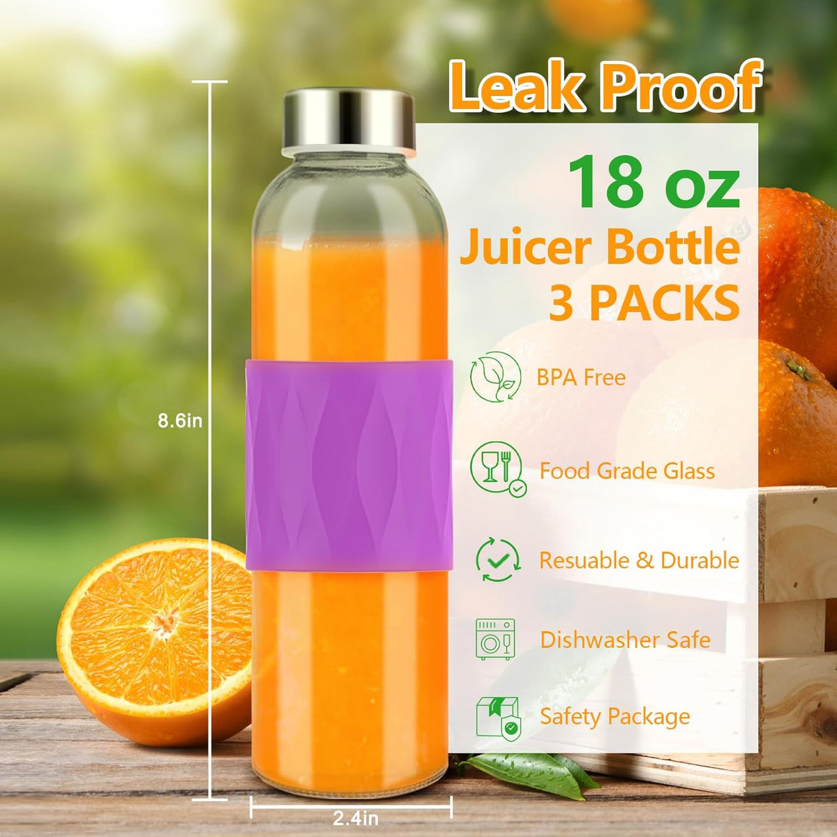 Zukro Glass Water Bottles with Lids 18 oz, Reusable Clear Juice Bottles Stainless Steel Airtight Cap for Juicing, 100% Leak Proof Juice Drinking Jar With Sleeve for Refrigerator, BPA Free, Set of 3
