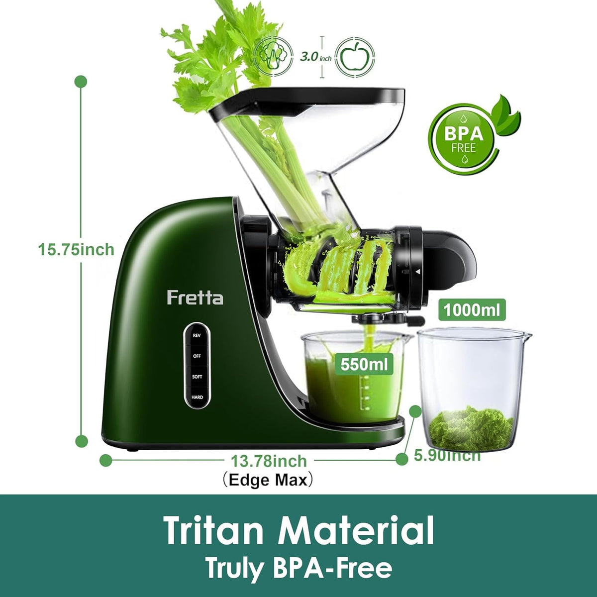 Cold Press Juicer, Masticating Slow Juicer,Juicer Machines Vegetable and Fruit, 3-Inch Wide Feeding Chute, BPA Free Easy to Clean,Quiet and Strong DC Power, 200W(Dark Green)
