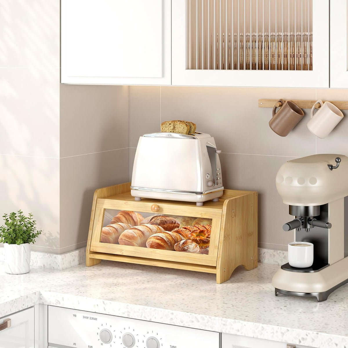 Bread Box for Kitchen Countertop, Large Bread Container Storage, Wooden Farmhouse Bread Box with Window Bread Holder (Natural Bamboo)