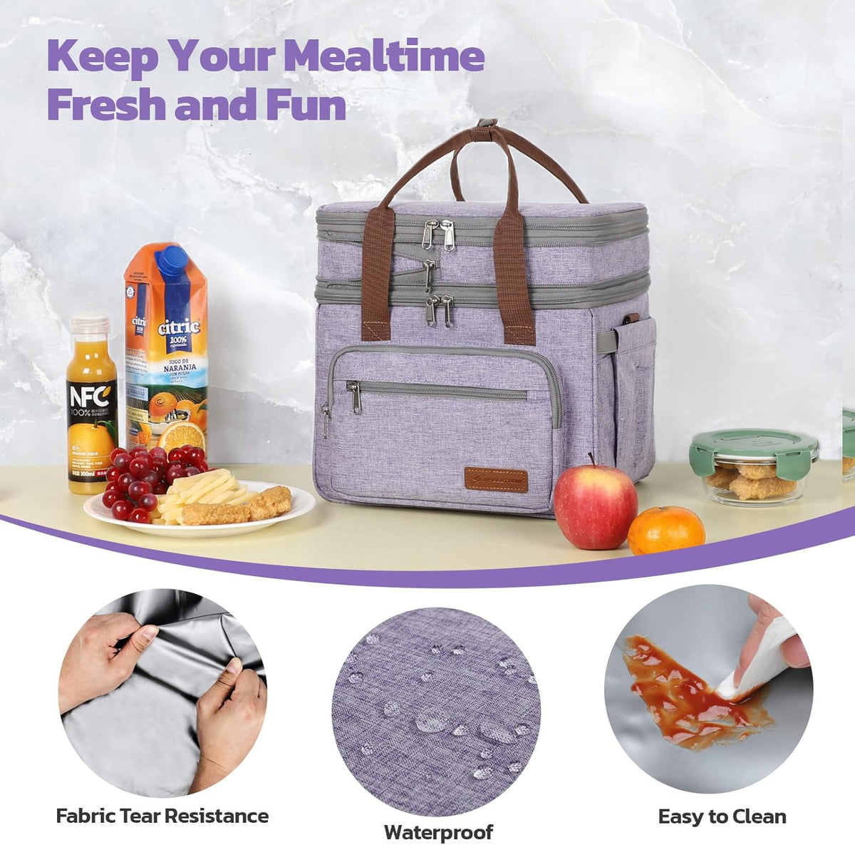 Maelstrom Lunch Bag Women,23L Insulated Lunch Box For Men Women,Expandable Double Deck Cooler Bag With Side Tissue Pocket,Lavender