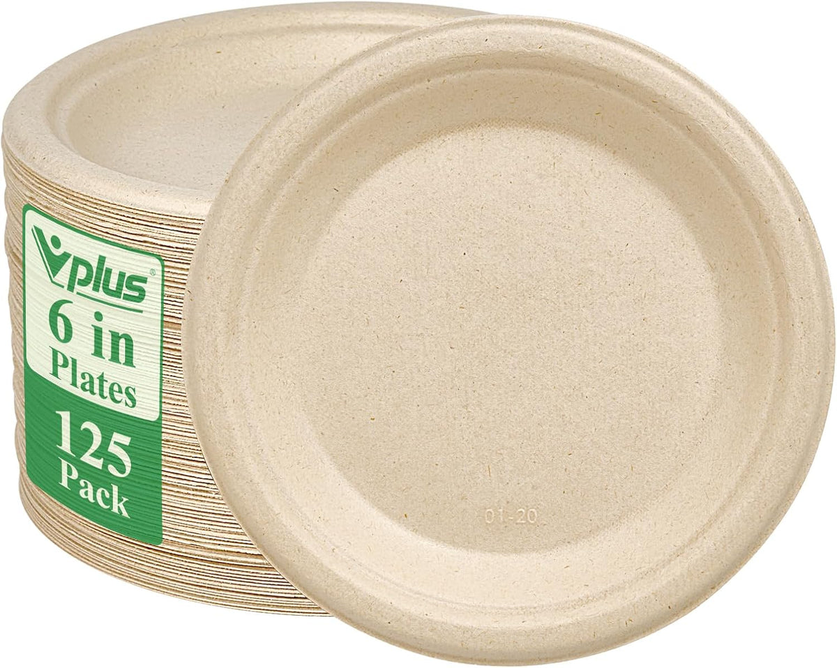 Vplus 125 Pack 6 inch Paper Plates 100% Compostable, Heavy-Duty Disposable Paper Plates Bagasse Natural Biodegradable Eco-Friendly Sugarcane(Nature)