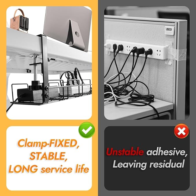 Under Desk Cable Management 2pack Kit- 15.7'' Long 5.1'' Wide Tray, Steel Cord Organizers, 4 Cable Holder, 12 Roll Cable Organizer Straps, No Drill, No Damage to Desk(Black)