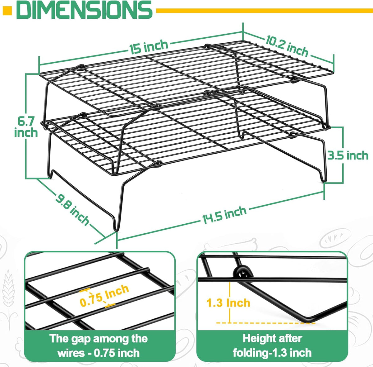 P&P CHEF Cooling Rack Set of 2, 2-Tier Stackable Stainless Steel Wire Racks for Baking Cooking Cooling Roasting, Collapsible & Heavy Duty, Oven Safe & Easy Clean, 15" x 10", Black