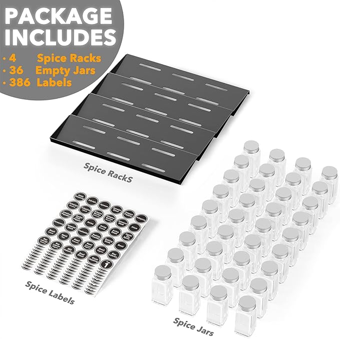 SpaceAid Spice Drawer Organizer with 36 Spice Jars, 386 Spice Labels, 4 Tier Seasoning Rack Tray Insert for Kitchen Drawers, 16.75" Wide x 17.5" Deep