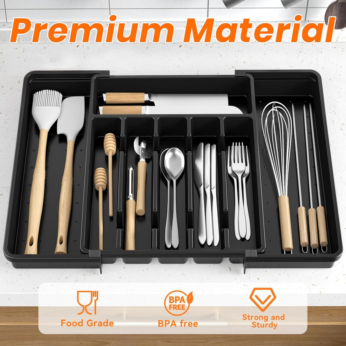 Large Silverware Organizer,Expandable Utensil Drawer Organizer,BPA Free Utensil Holder,Adjustable Silverware Tray Cutlery Drawer Organizer for Kitchen Flatware,Large,Black (6-8 Slots)