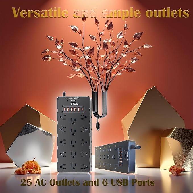 20 Amp Power Strip Surge Protector,Heavy Duty 12 Gauge 6.5 ft Extension Cord,25 AC Outlets,6 Fast USB Ports,4000 Joules,2500W/125V,Office Workshop Household Garage Black,Insurance Coverage.