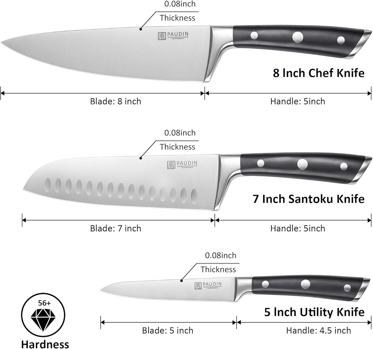 PAUDIN Kitchen Knives Set, Switzer 3-Piece Chefs Knife Set High Carbon Stainless Steel with Ultra Sharp Blade & Plastic Handle Professional Chef Knives