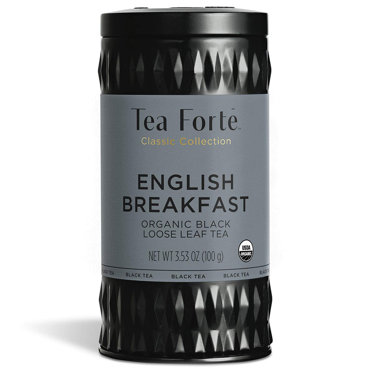 Tea Forte English Breakfast Premium Organic Loose Leaf Caffeinated Black Tea Blend Canister, Makes 35-50 Cups