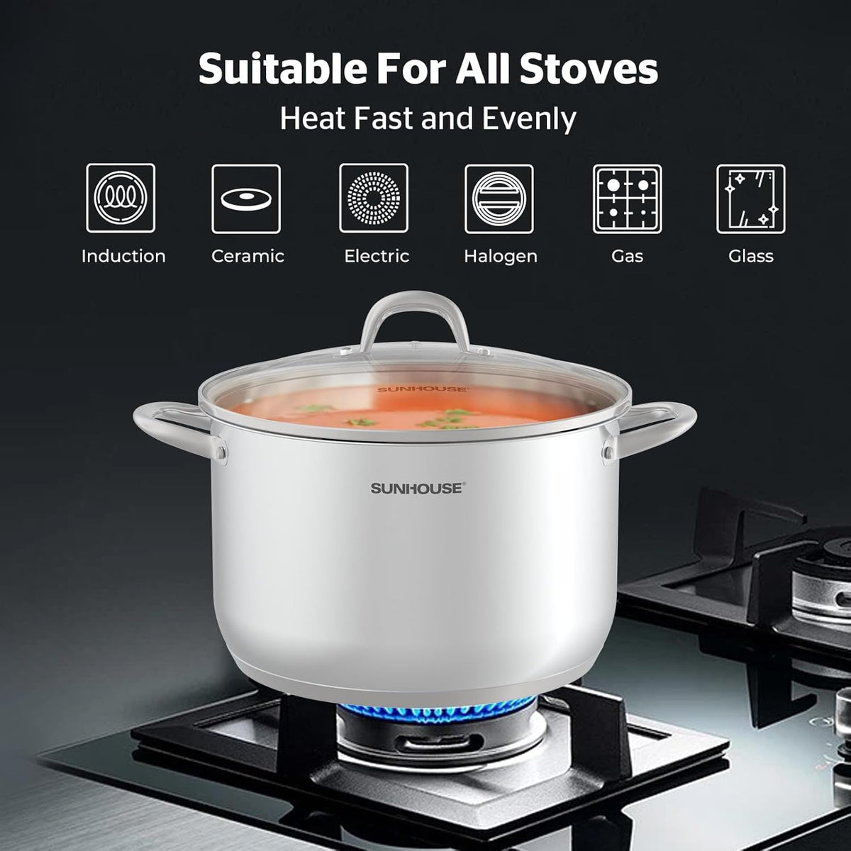 SUNHOUSE 13-Quart Stainless Steel Stockpot w/Tempered Glass Lid - Heavy-Duty, Food-Grade Cookware for Simmering, Boiling, and Induction Cooking - Exceptional Heat Distribution