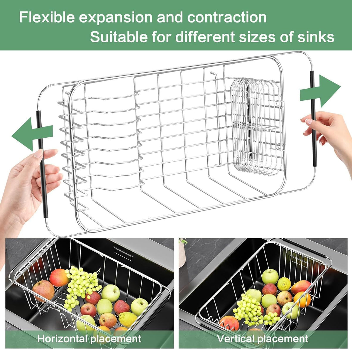 Small Dish Drainer Rack in Sink Adjustable, Expandable Stainless Steel Metal Dish Drying Rack Organizer with Stainless Steel Utensil Holder Over Inside Sink Counter, Rustproof(for 1-2 People)