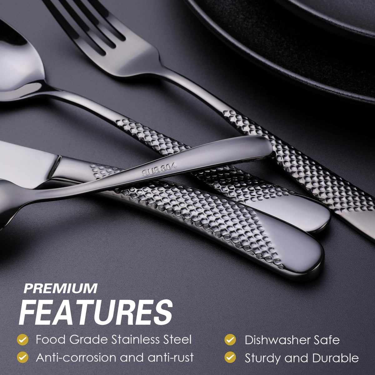 Hammered Black Silverware Set, OGORI 24-Piece 18/10 Stainless Steel Flatware Set, Service of 6