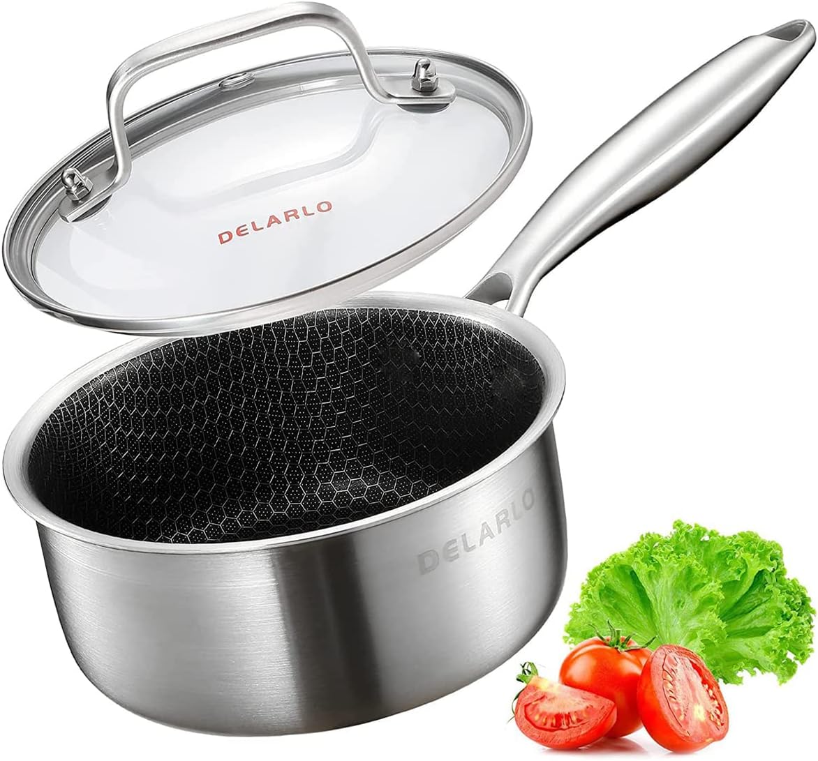 DELARLO Tri-Ply Hybrid Stainless Steel Sauce Pan, Hybird 1.5QT Non Stick Pots, All Stove Safe Up to 600℉, Sauce Pot 1.5 Quart Non Stick Sauce Pan, Saucier Pan, Honeycomb Pan,Small Saucepan, Lids 300℉