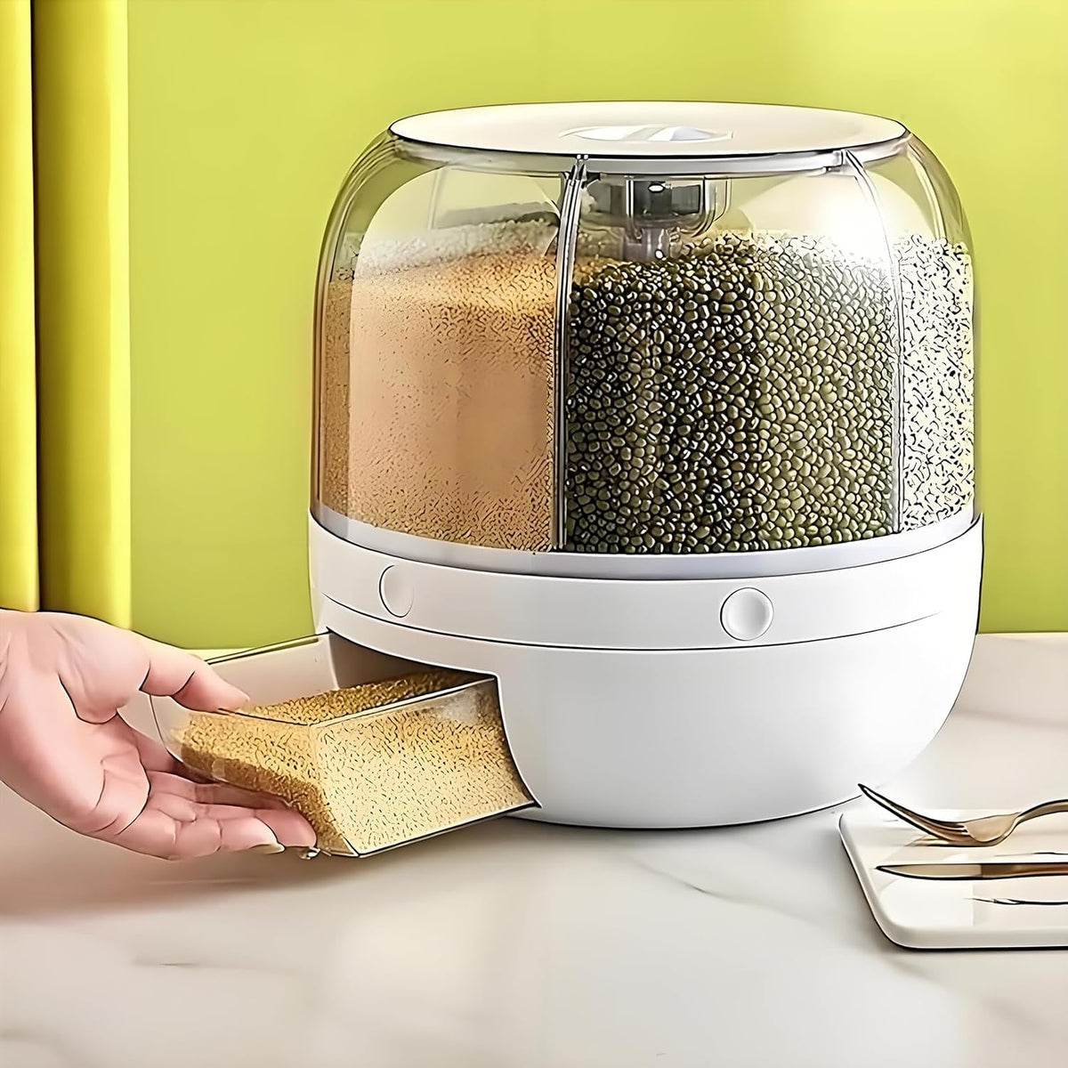 Rotating Grain Storage Bin 6 Grids Rice Container One-Click Output Large Capacity Food Dispenser For Rice Grains or Pet Food Sealed Moisture Proof Organizer