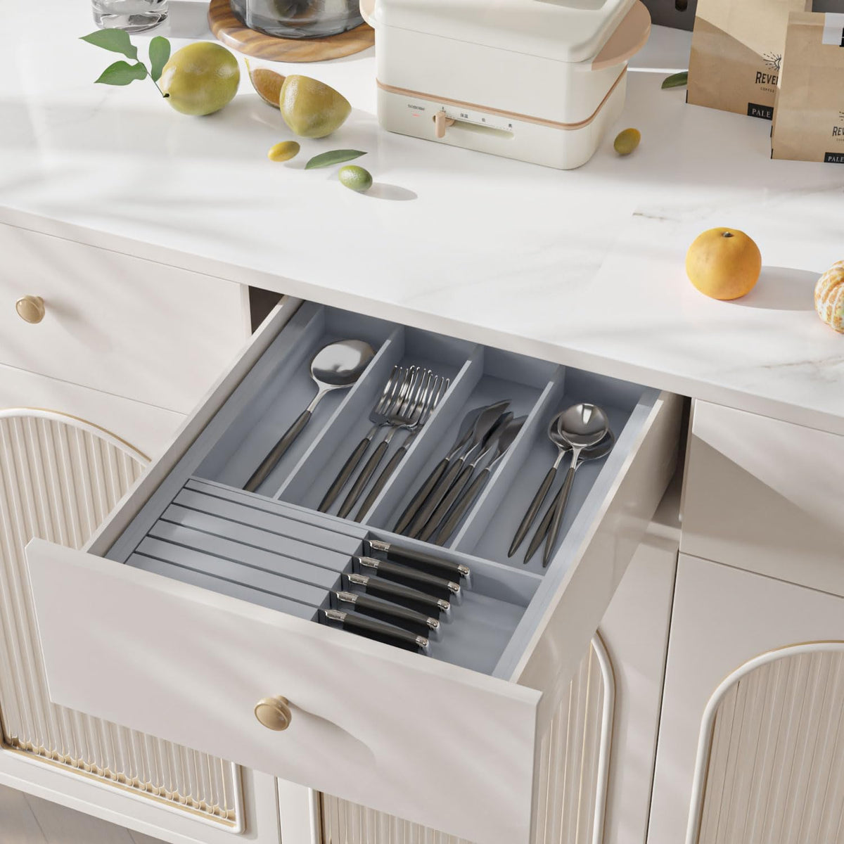 Large Utensil Drawer Organizer with Divider - Removable Kitchen Knife Holder Bamboo Adjustable Flatware Organizer for Drawer W12.8-20.2" x L16 x H2 (Grey)