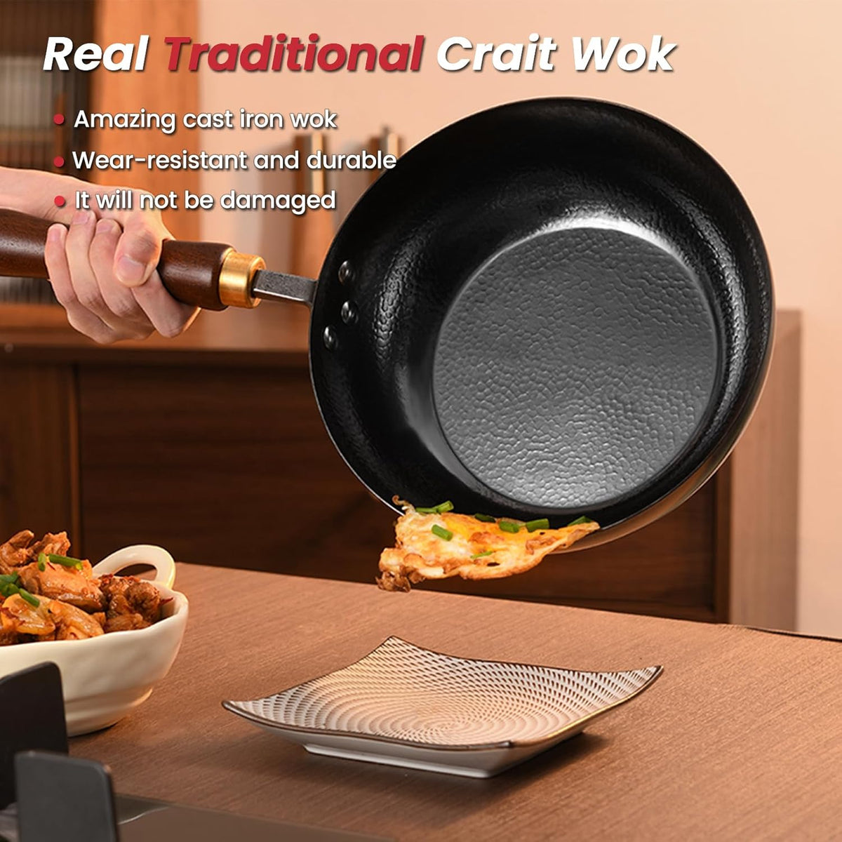 Carbon Steel Wok Pan, 9.5 “ Woks & Stir-Fry Pans with glass Lid Cookwares, Nonstick Wok, No Chemical Coated Flat Bottom Hand Hammered Chinese Wok For for Electric, Induction, for All Stoves