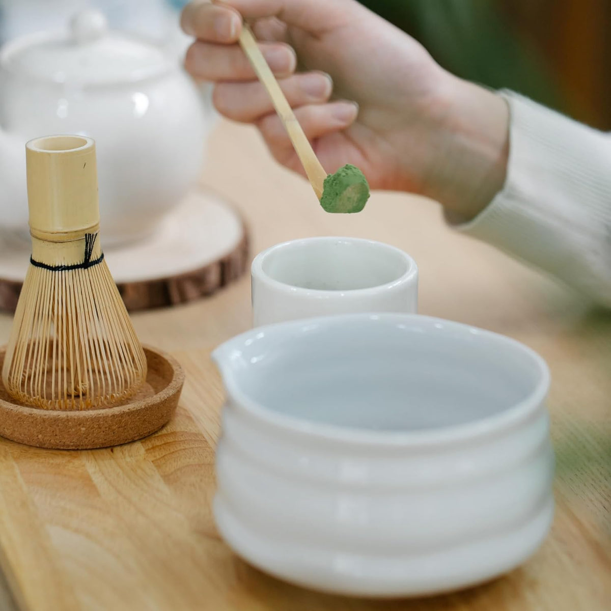 Marce Matcha Whisk Set- Matcha Set includes Matcha Whisk and Bowl with Spout, Sifter, Holder and Scoop- The Perfect Bamboo Whisk for Matcha Tea (White)