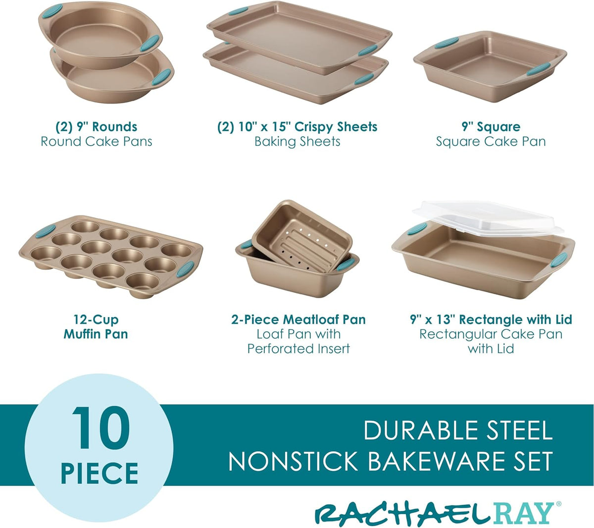 Rachael Ray 47578 Cucina Nonstick Bakeware Set with Grips Includes Nonstick Bread Pan, Baking Sheet, Cookie Sheet, Baking Pans, Cake Pan and Muffin Pan - 10 Piece, Latte Brown with Agave Blue Grips