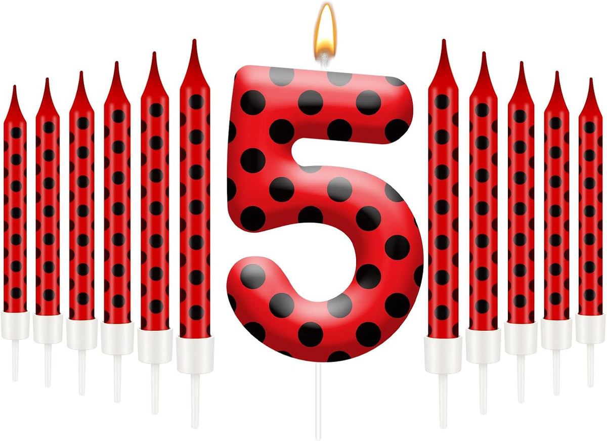 13PCS Ladybug Theme Birthday Candles Set - Red & Black Polka Dot Decorative Candles for Kids Ladybug Themed Parties, Baby Showers, Birthday Cakes, and Ladybird Inspired Celebrations(Number 5)