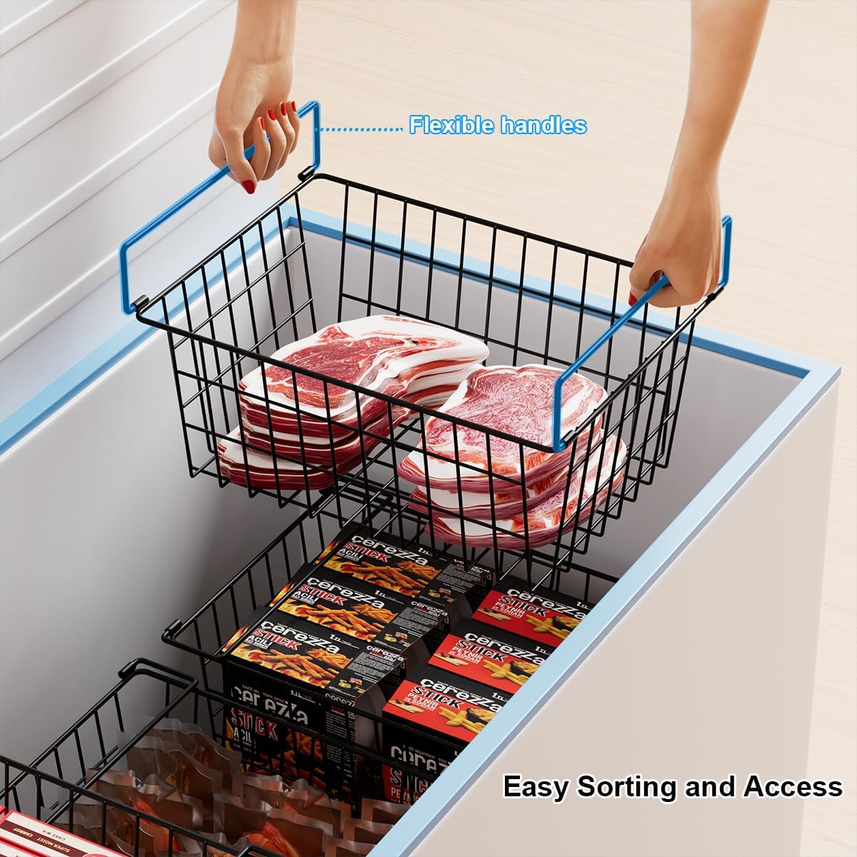 Orgneas Freezer Organizer Bins, 4 Pcs Stacking Chest Freezer Baskets for 7.0 Cu.Ft Deep Freezer Add Space Sort Store Frozen Food, Easy Reach From Bottom Freezer Storage Baskets with Large Capacity