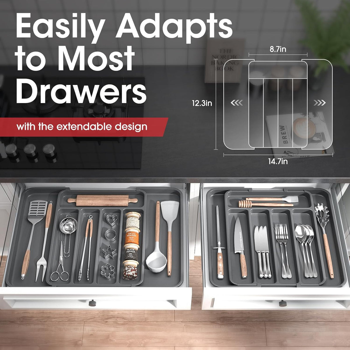 Aujen Silverware Organizer - Expandable Kitchen Drawer Organizer, Adjustable Utensil Organizer, Cutlery Tray for Forks, Knives, Multipurpose Kitchen Organizers and Storage Solution, Grey, Medium