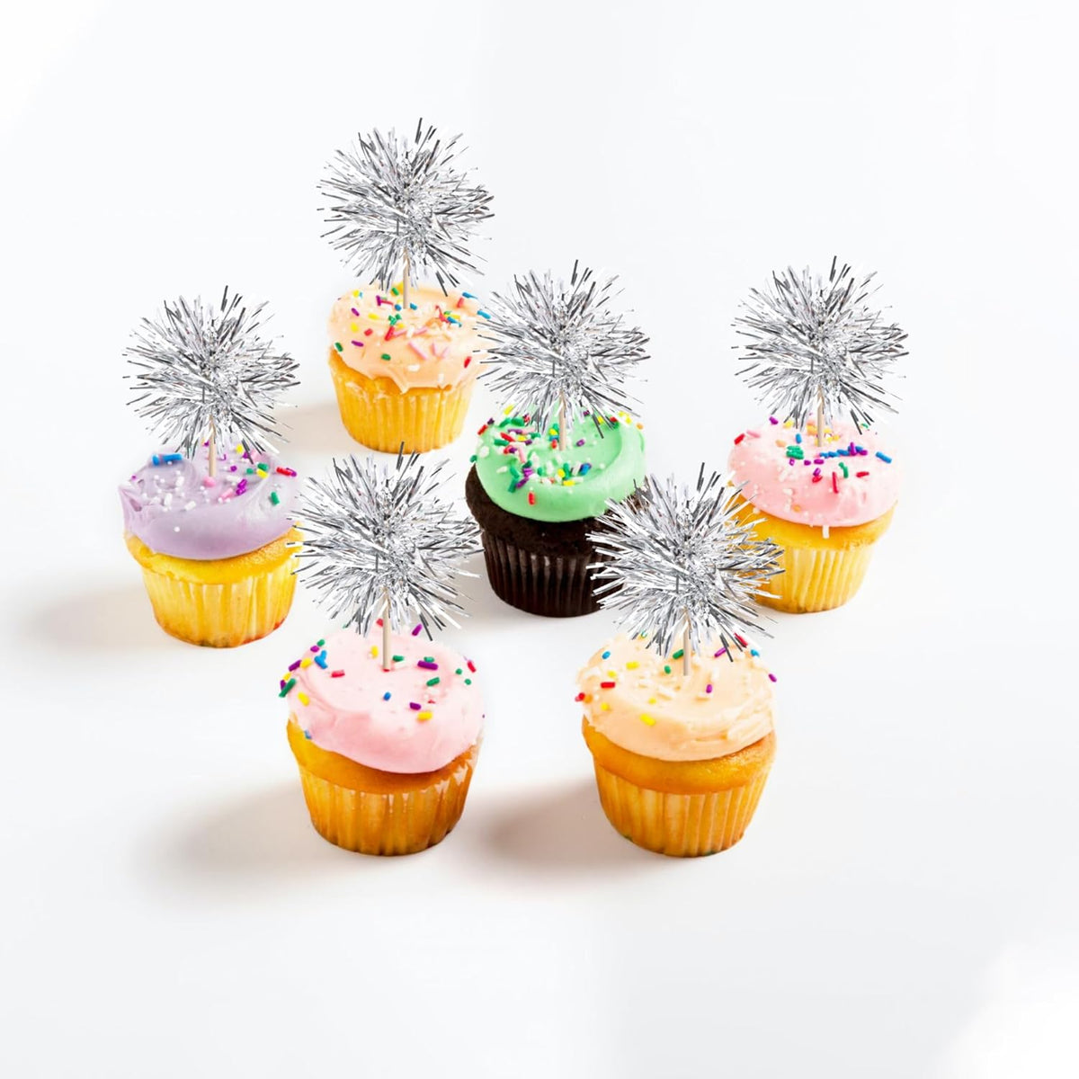 40 PCS Foil Firework Cupcake Toppers Fireworks Cupcake Picks Sparkle Tinsel Cake Decorations Cocktail Fruit Toothpick for Firework Theme Birthday Wedding Graduation Party Decorations Supplies Silver