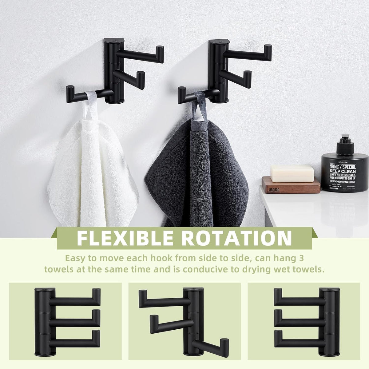 Suyar Towel Hook for Bathroom, SUS 304 Stainless Steel Swivel Coat Robe Holder with 3 Foldable Arms, Wall Hook Matte Black, 2 Pack