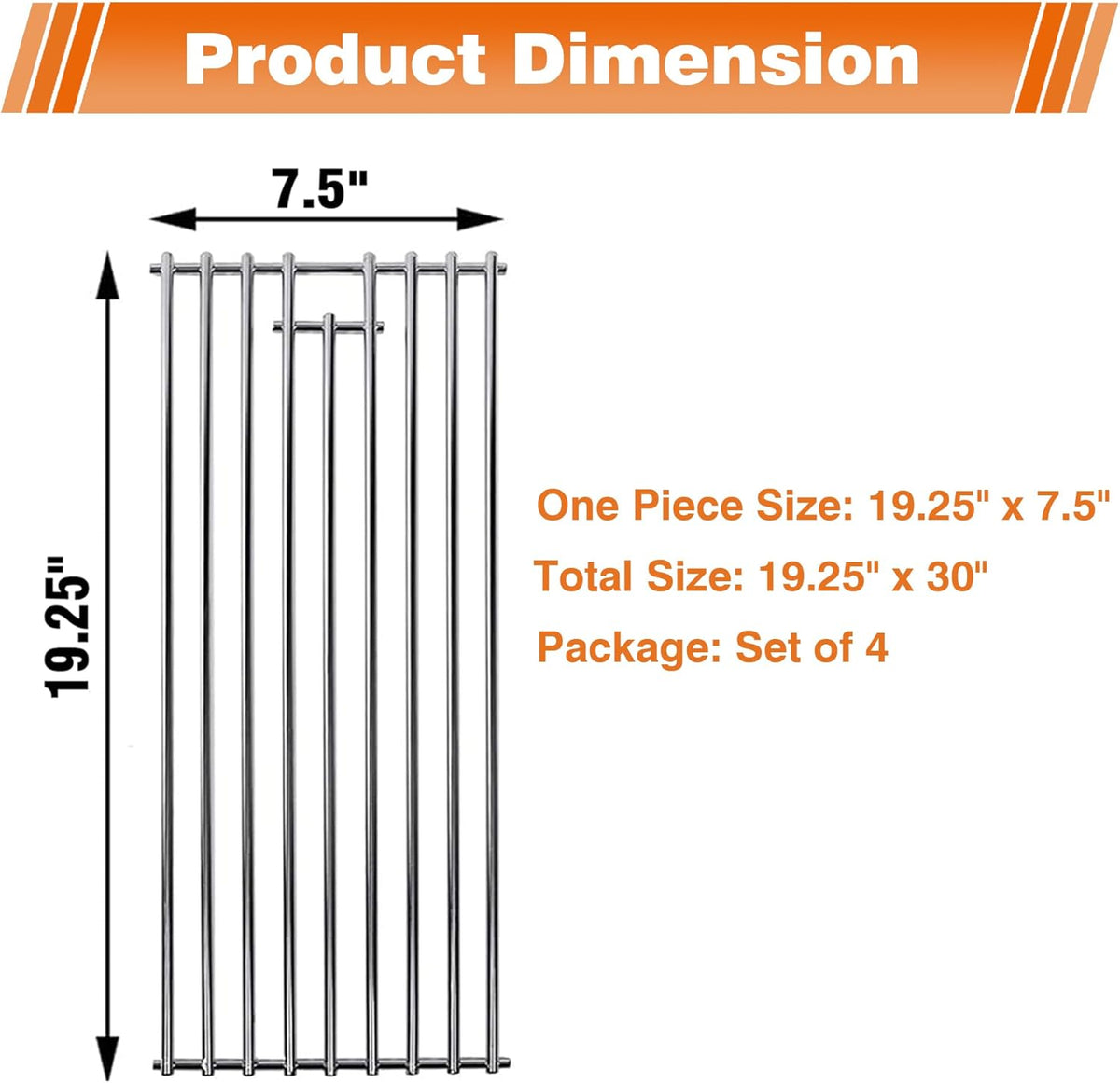 19 1/4" Stainless Steel Cooking Grid Grates Replacement Parts for 16517 Bull BBQ Angus, Brahma, Lonstar Select, Outlaw Steer Premium, Lonestar Select,19.25"x7.5",4Pack