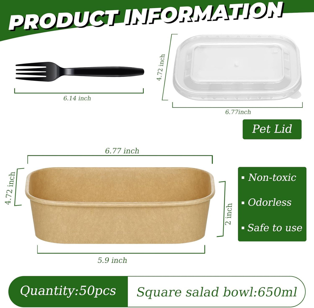 DI QIU REN 50-Pack 22oz Paper Bowls, Disposable Food Containers with Lids and Forks, Rectangular Disposable Salad Bowls for Diet Salad, Pasta (kraft Paper Rectangular, 22oz 50 Count)