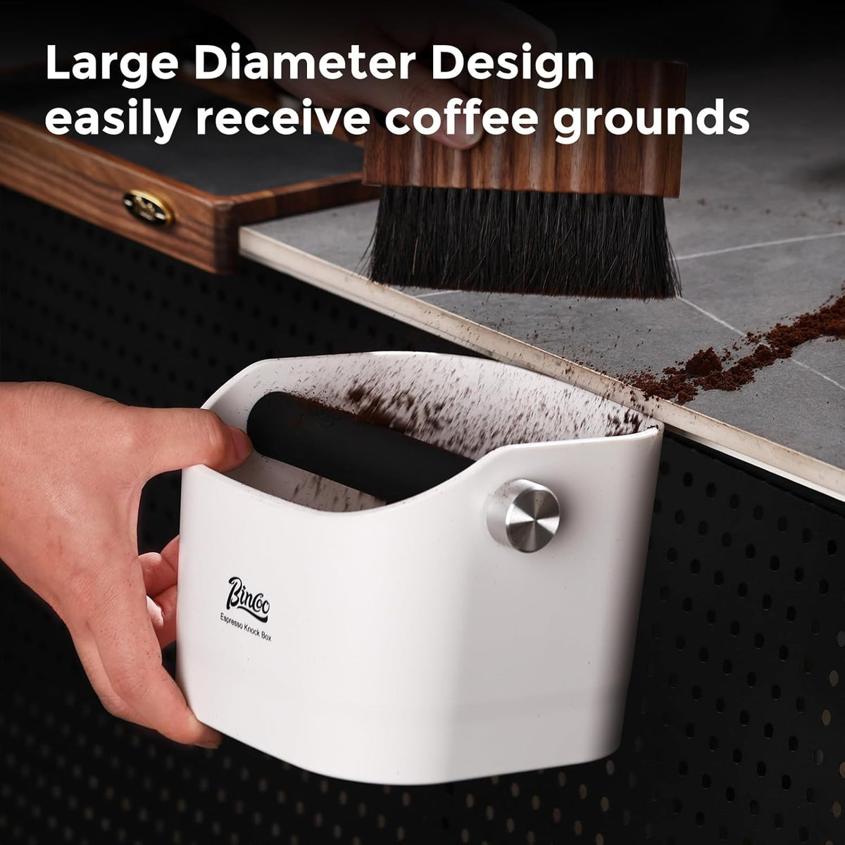 Bincoo Square Coffee Knock Box 0.8L –ABS Espresso Knock Bin with Non-Slip Base, Wide 4.6" Slanted Opening & Detachable Silicone Knock Bar for Easy Cleaning and Quiet Use(Gray(square))