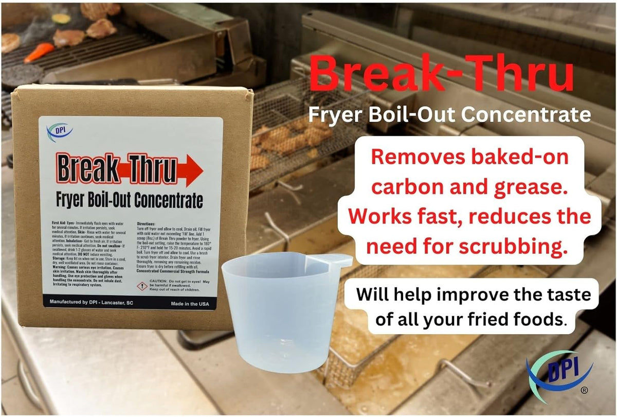 DPI Break-Thru Fryer Boil Out Cleaner, Powder Concentrate for Deep Fryers, Removes Grease and Carbon Deposits, Easy Use Scope Included, 26 Cleaning Cycles Per Box.