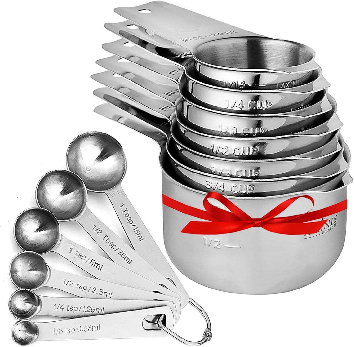 Measuring Cups and Spoons Set - Premium 13-Piece Stainless Steel, 7 Cups & 6 Spoons, Stackable, Ideal for Accurate Liquid and Dry Ingredient Measurement. By Laxinis World