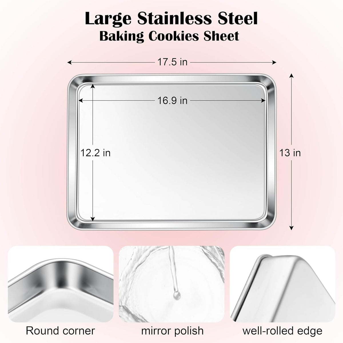 E-far Cookie Sheet for Baking, 18”x13” Stainless Steel Baking Sheet Pan for Oven, Large Non Toxic Metal Baking Tray for Cake Cookies, Healthy & Rust Free, Mirror Finish & Dishwasher Safe, 1 Pack