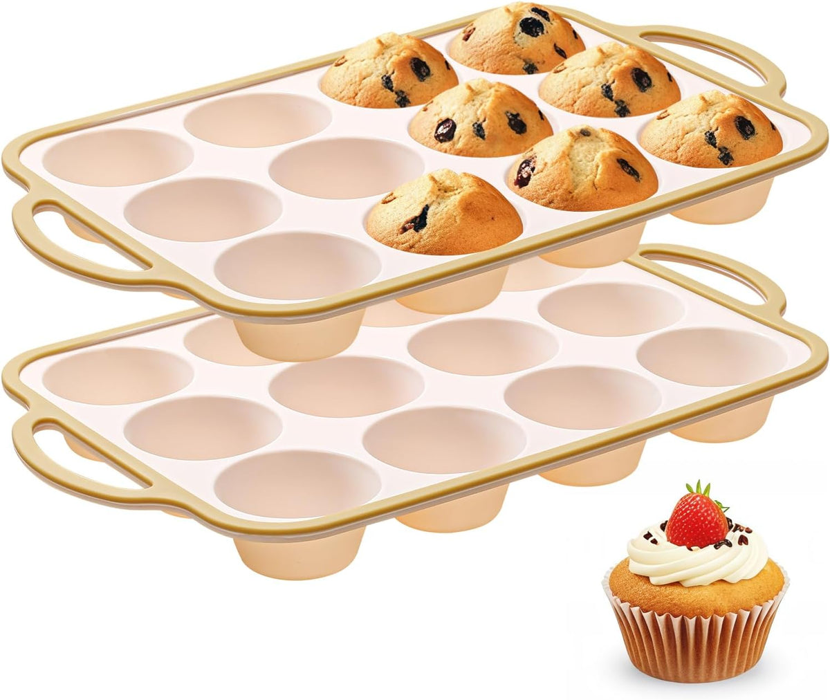 Silicone Muffin Pans for Baking 2 Pack, 2.6 Inch with Metal Reinforced Frame, Regular Size Nonstick Cupcake Pan 12 Cups for Baking Homemade Muffins, Dishwasher Safe BPA Free-Light Yellow