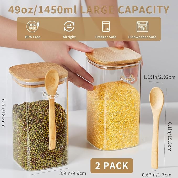 Unbreakable Glass Jars with Airtight Lids and Spoons, 2Pcs Overnight Oats Containers with Lids and Spoons, Glass Food Storage Containers for Coffee Beans, Flour, Sugar, Cookie, Pasta